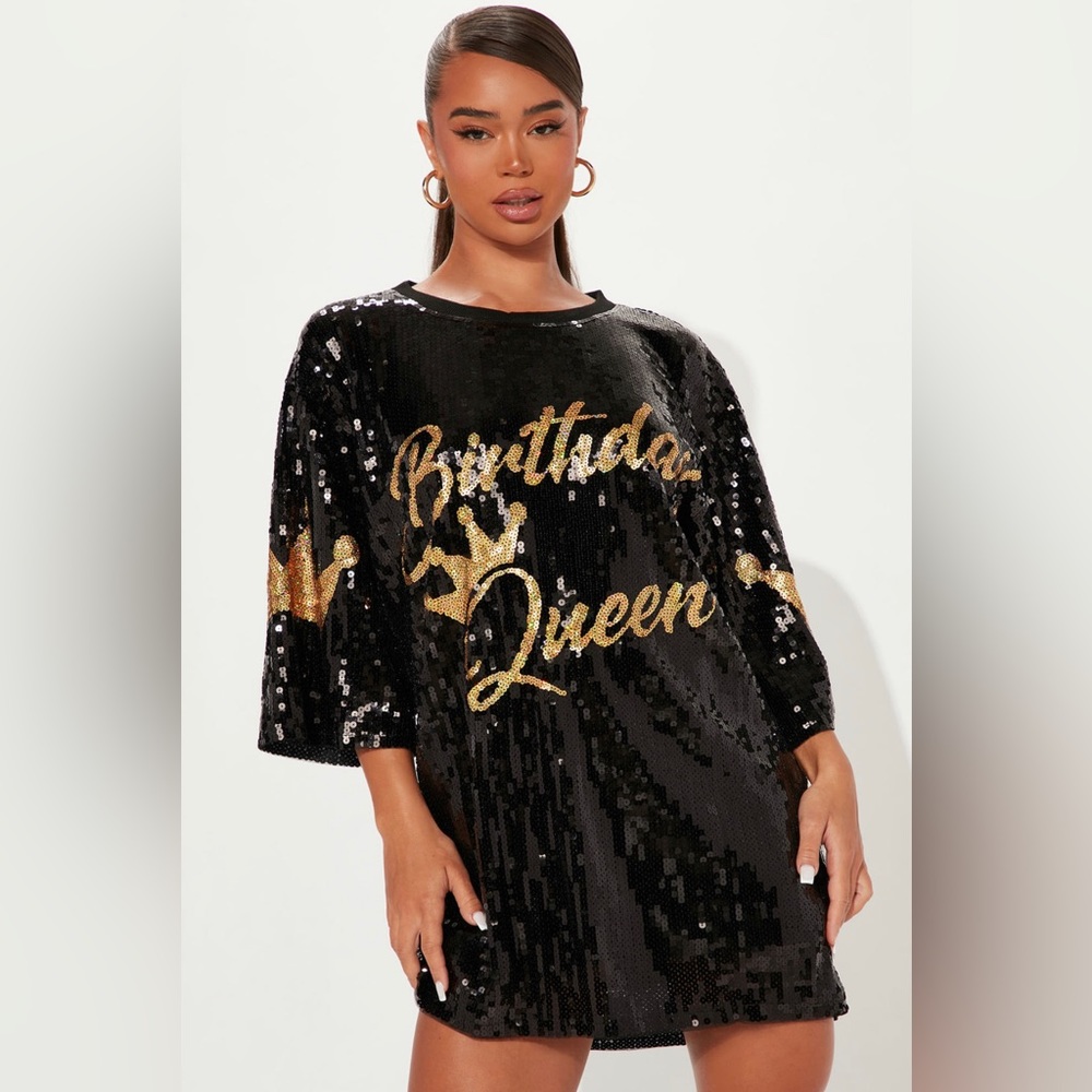 Sequined black and gold Birthday Queen tunic OS Brand New